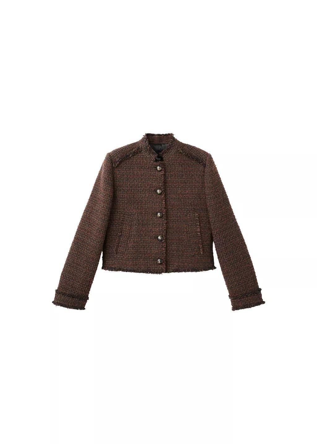 Brown Tweed Jacket With Frayed Ends, Brown, large image number 6