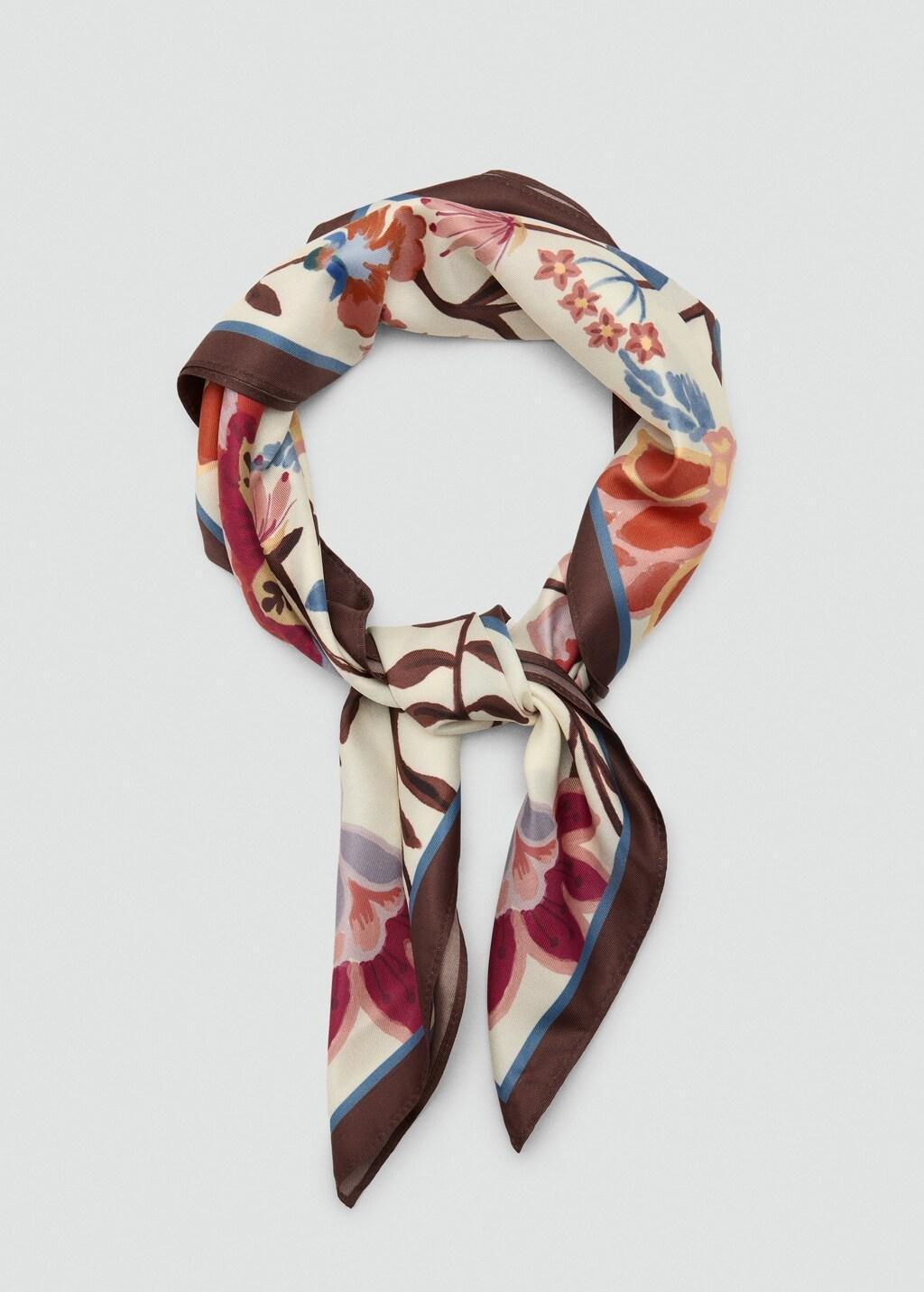 Brown Floral Print Scarf, Dark Brown, large image number 1