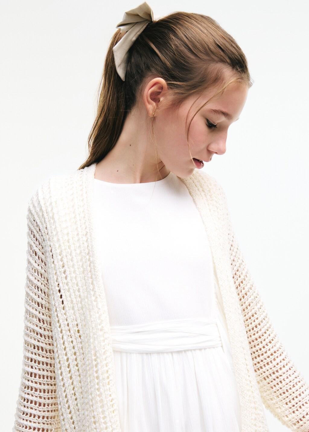 Beige Openwork Knit Cardigan, Kids Girl, Light Beige, large image number 3