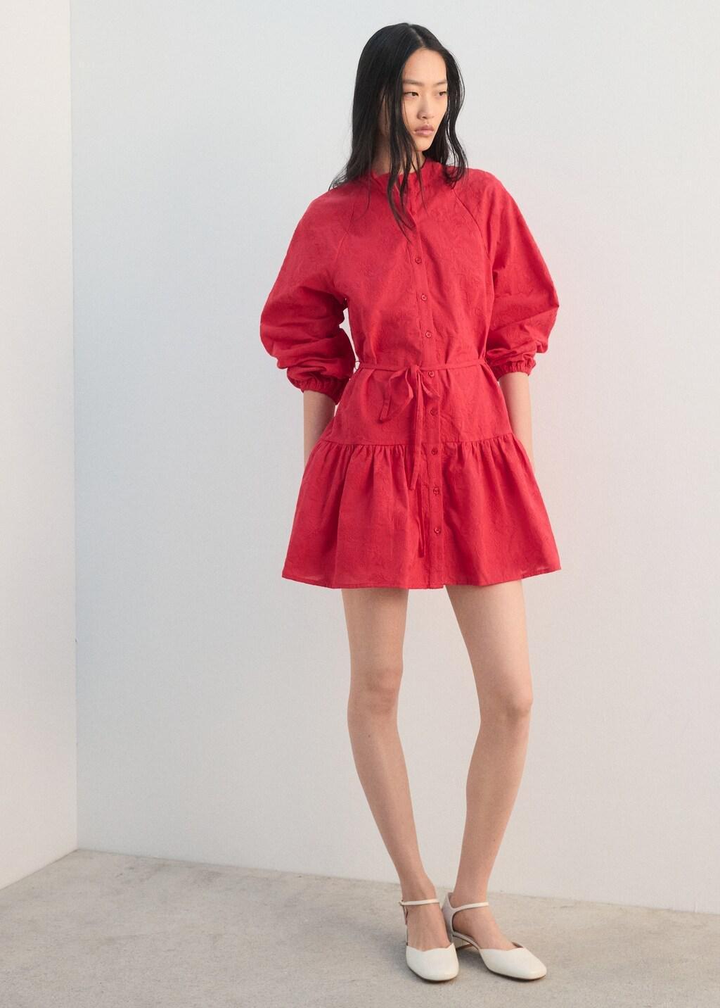 Red Embroidered Shirt Dress, 0201_74, large image number 0