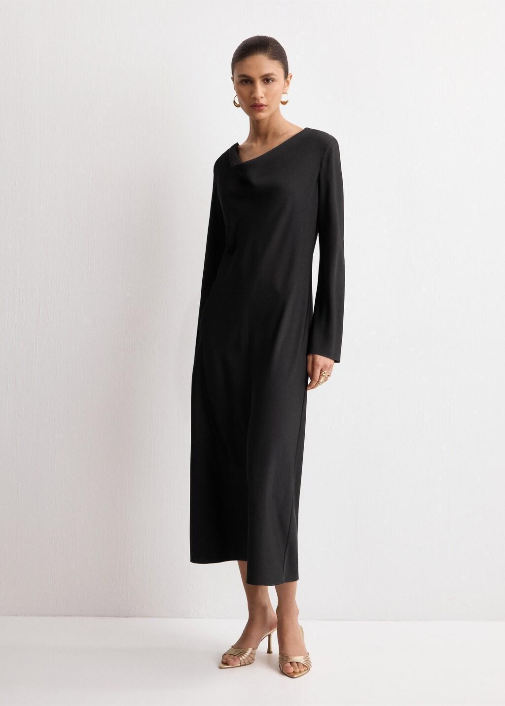Black Long Dress With Draped Neck, Black, large image number 0