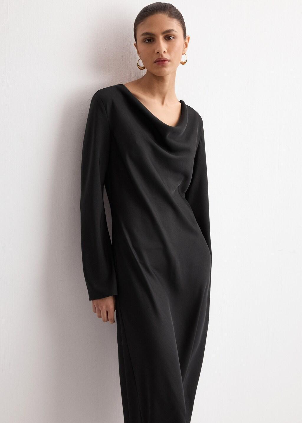 Black Long Dress With Draped Neck, Black, large image number 3