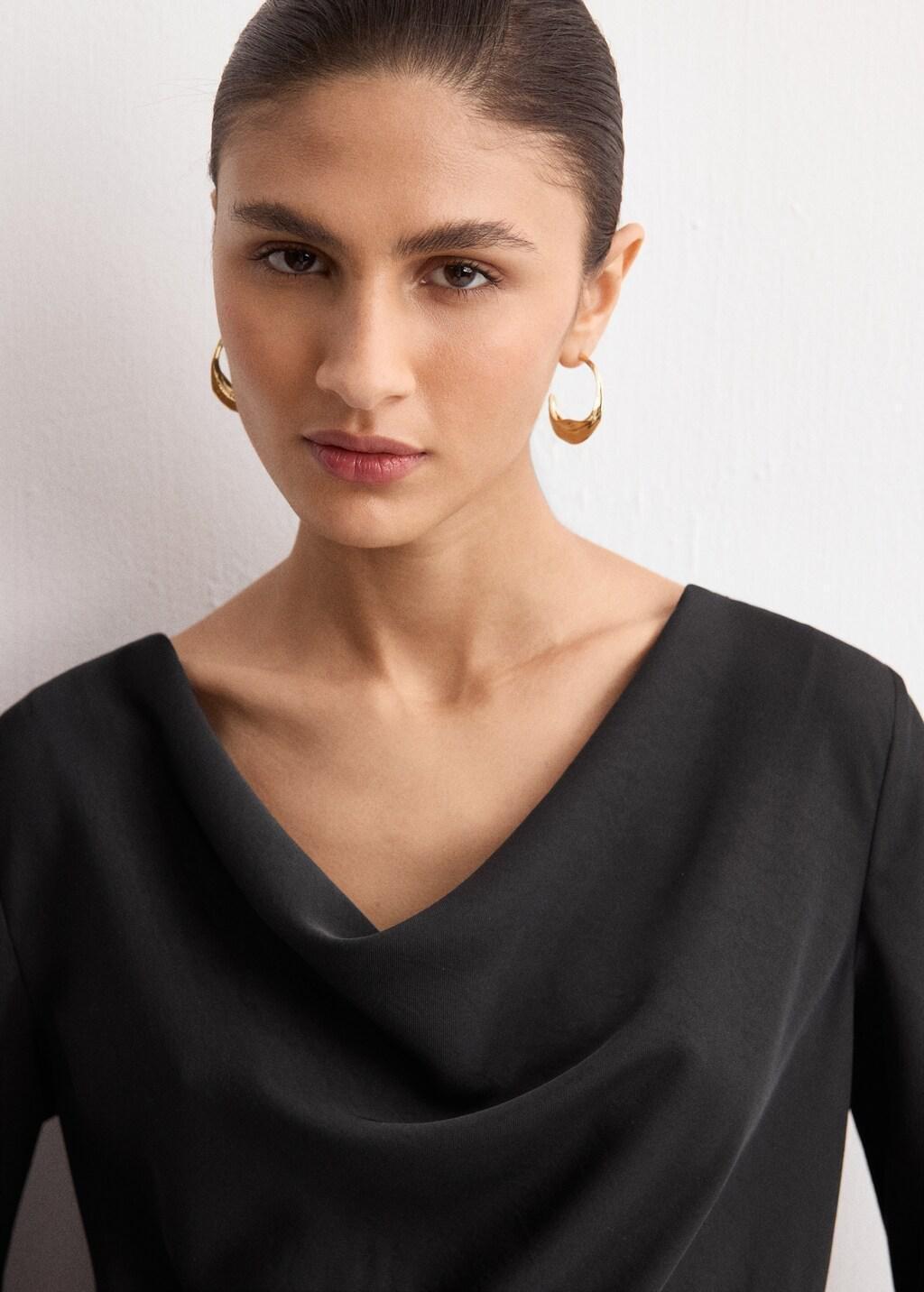 Black Long Dress With Draped Neck, Black, large image number 4