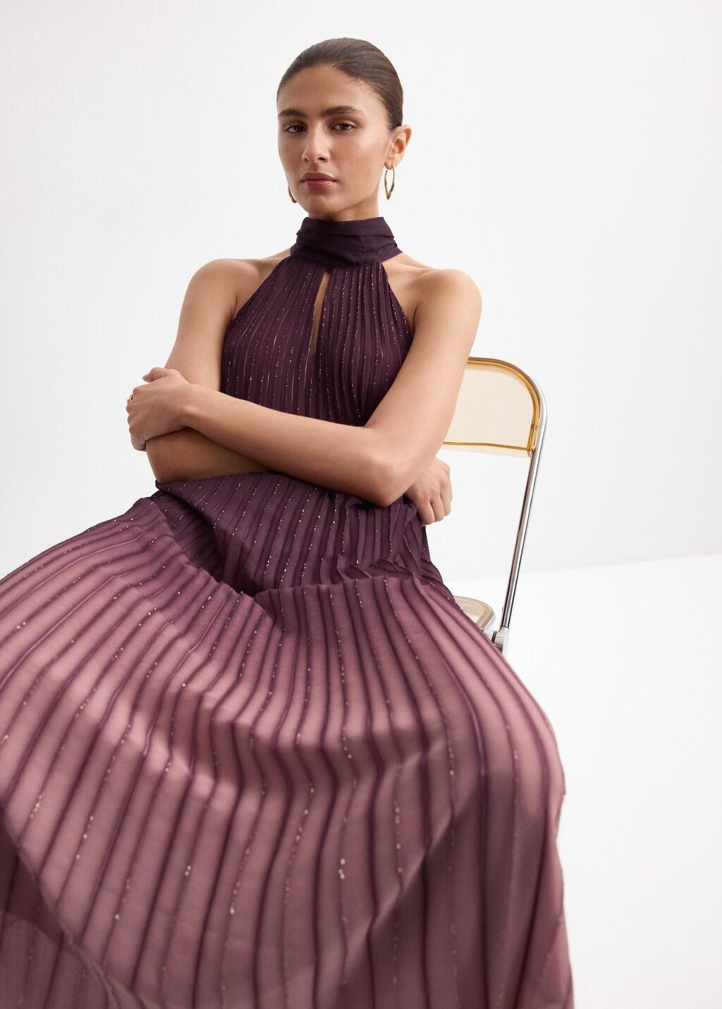 Purple Lt Pastel Pleated Halter Neck Dress, Light-Pastel Purple, large image number 6