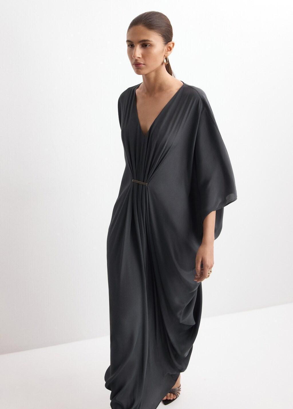 Red Draped Dress With Three-Quarter Length Sleeves, 0201_95, large image number 3