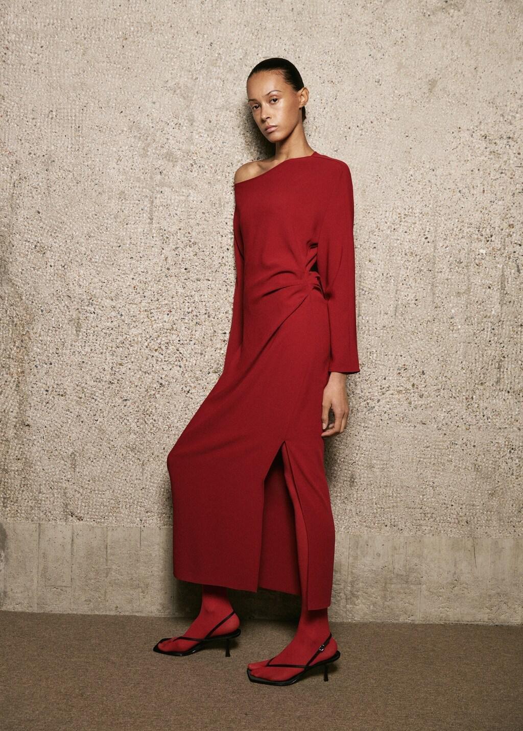Red Boat-Neck Ruched Dress, Red, large image number 0