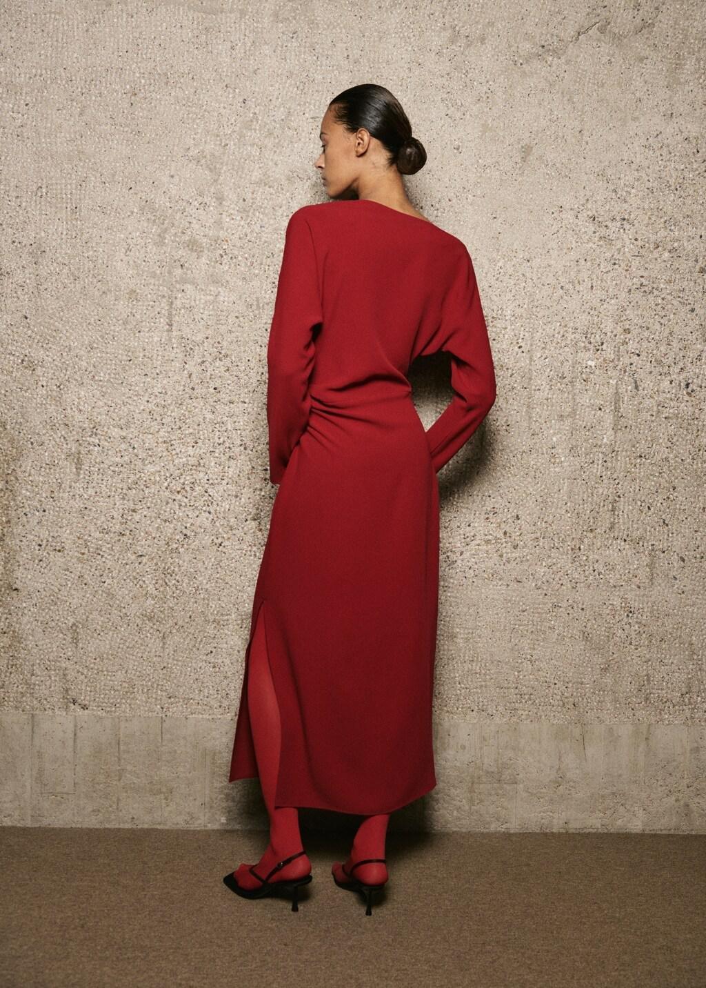 Red Boat-Neck Ruched Dress, Red, large image number 2