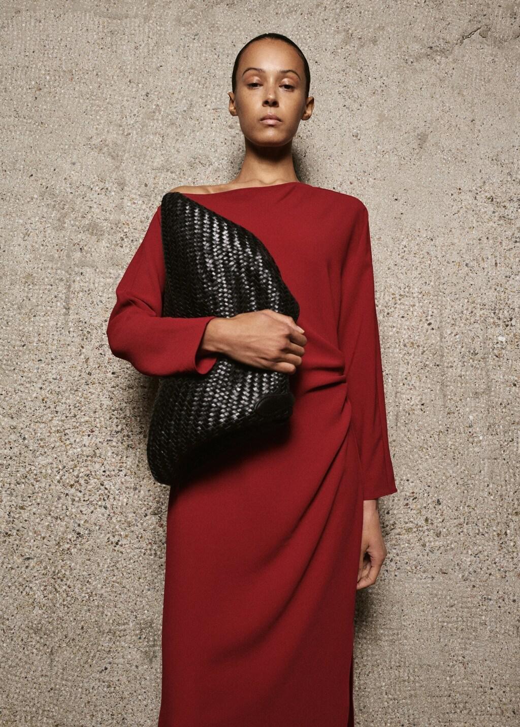 Red Boat-Neck Ruched Dress, Red, large image number 3