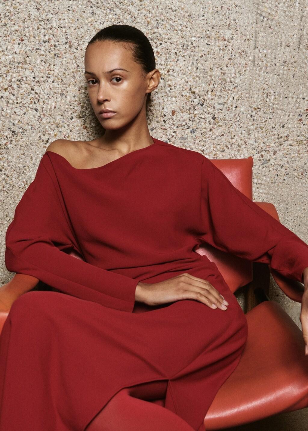 Red Boat-Neck Ruched Dress, Red, large image number 4