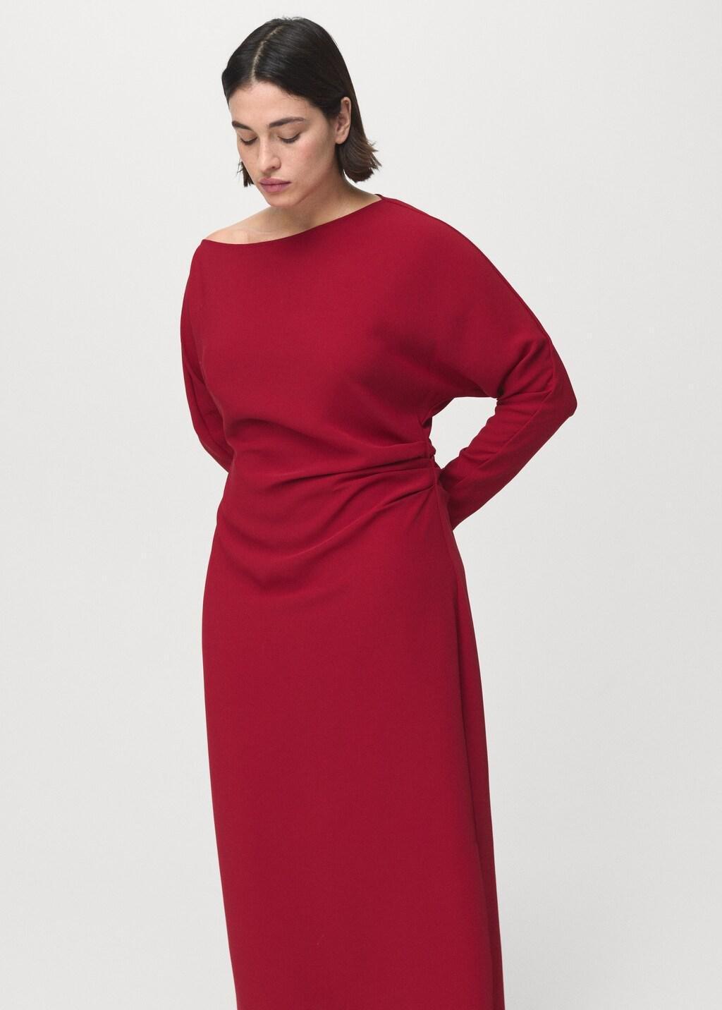 Red Boat-Neck Ruched Dress, Red, large image number 6