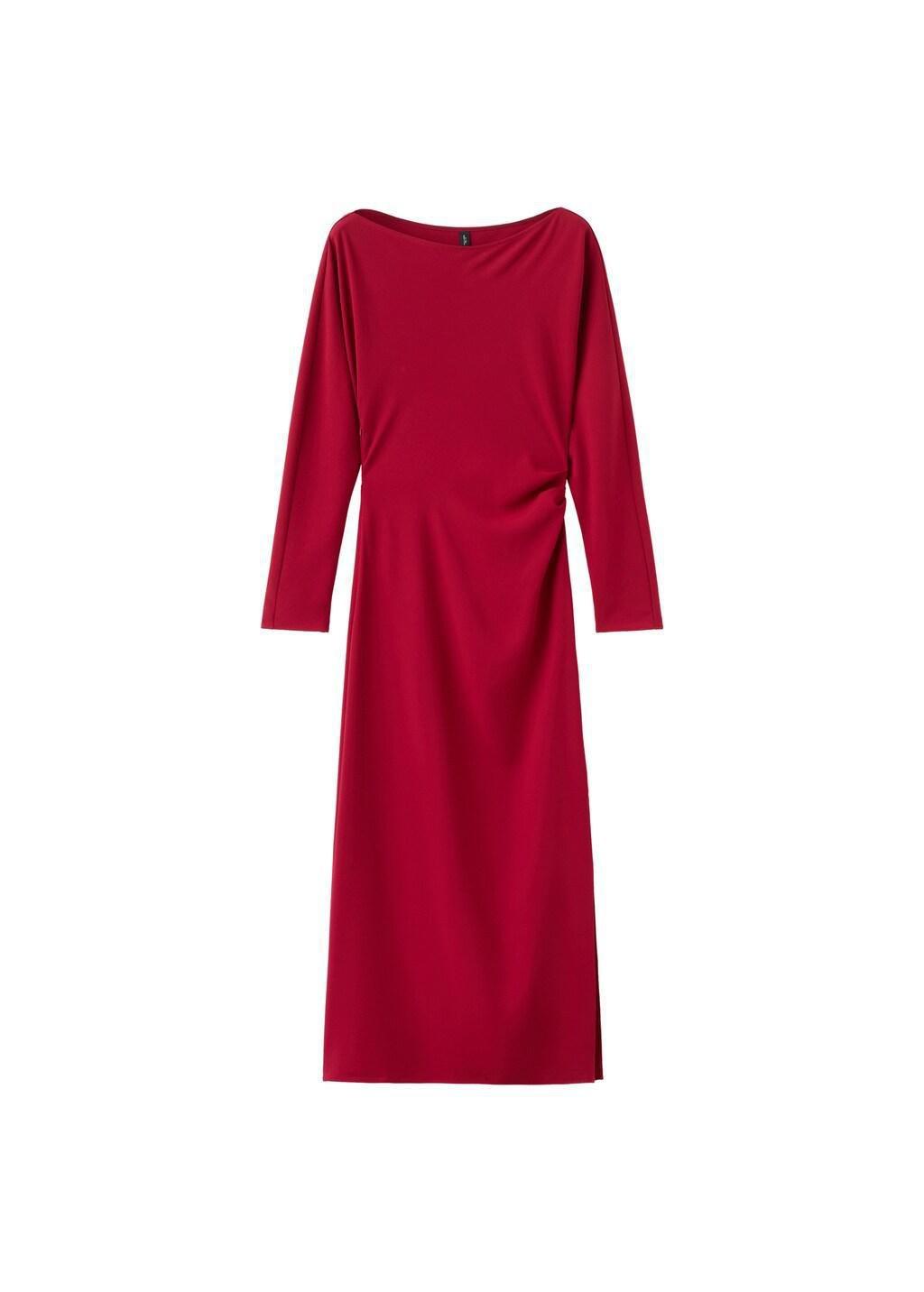 Red Boat-Neck Ruched Dress, Red, large image number 8