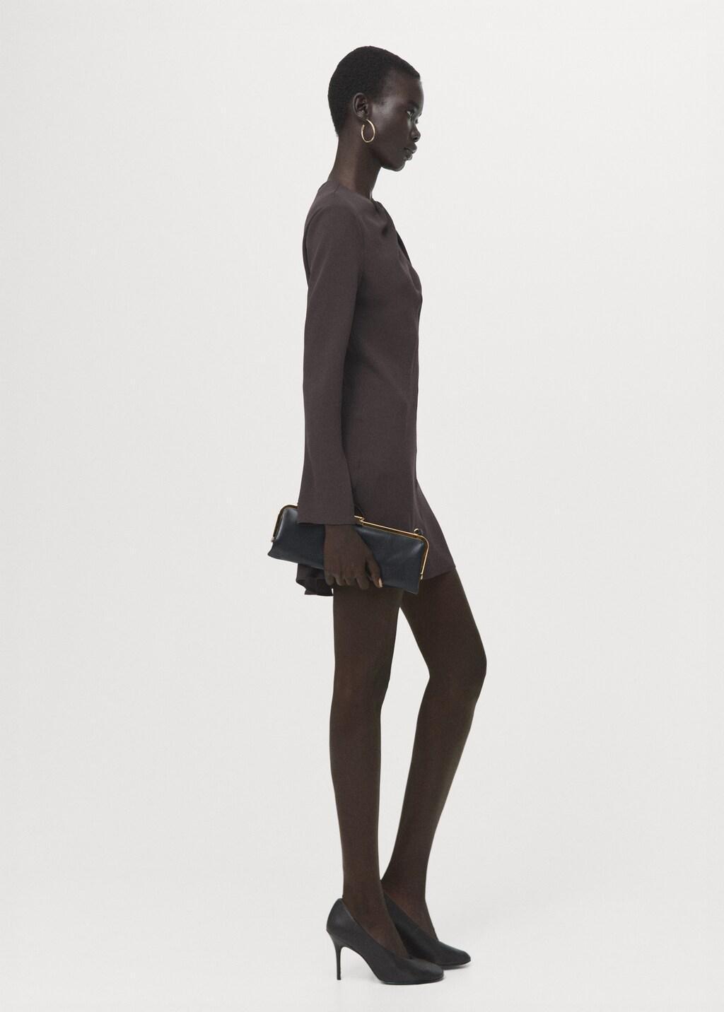 Brown Long-Sleeved Dress With Draped Neck, Brown, large image number 0