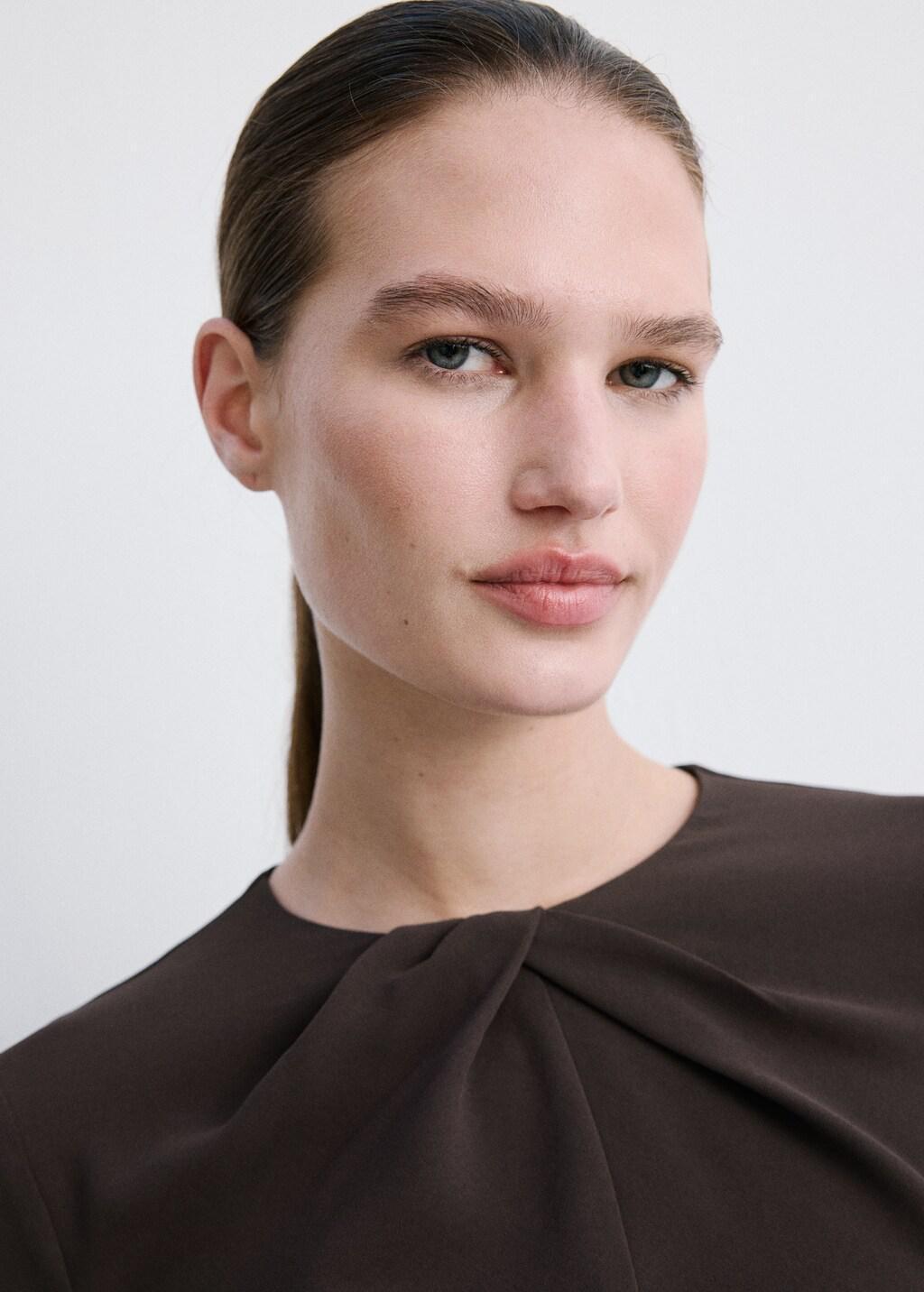 Brown Long-Sleeved Dress With Draped Neck, Brown, medium