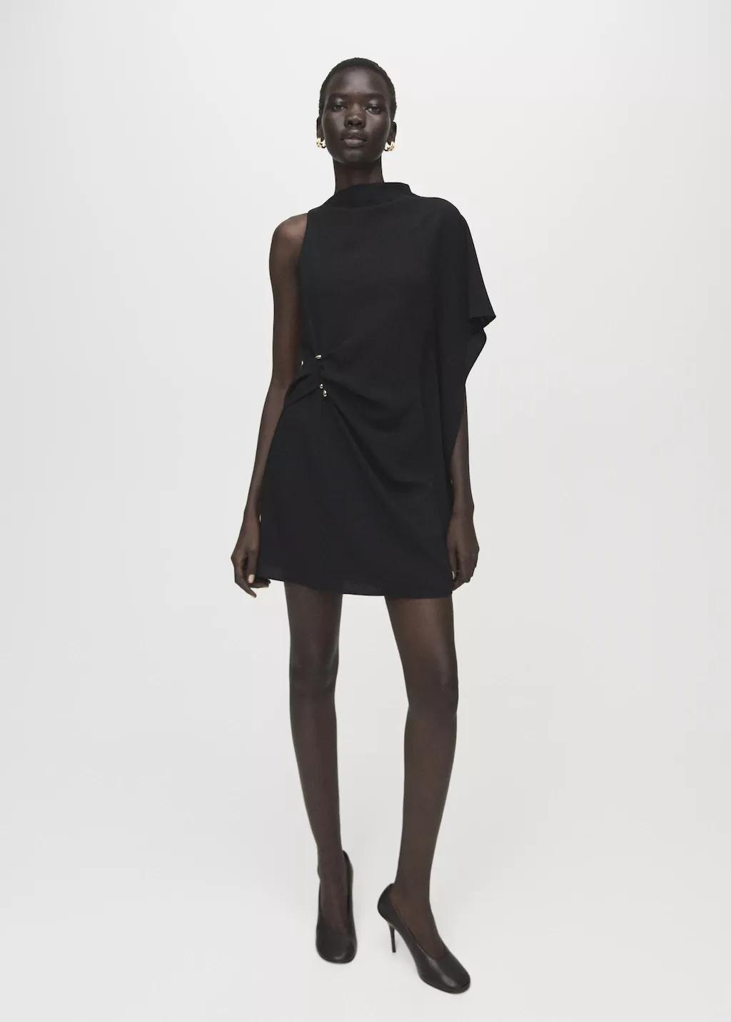Black Short Asymmetrical Sleeve Dress, Black, large image number 0