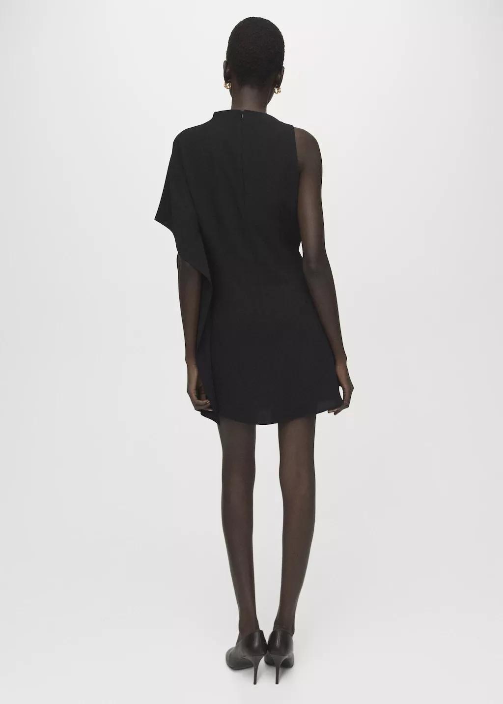 Black Short Asymmetrical Sleeve Dress, Black, large image number 2
