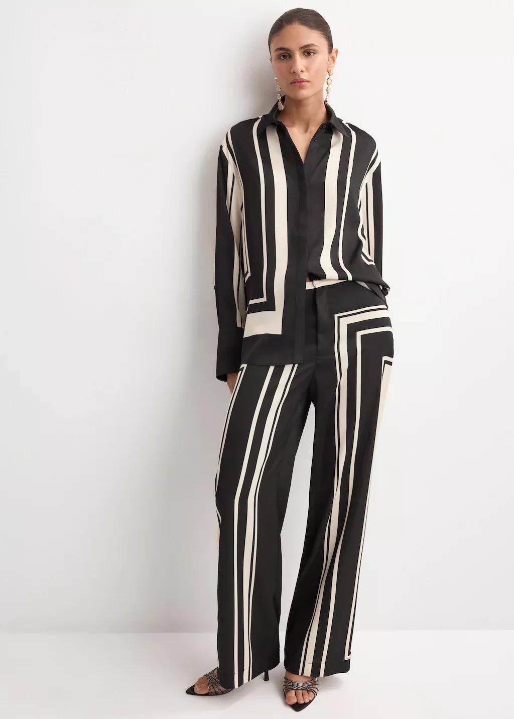 Black Satin Print Blouse, Black, medium