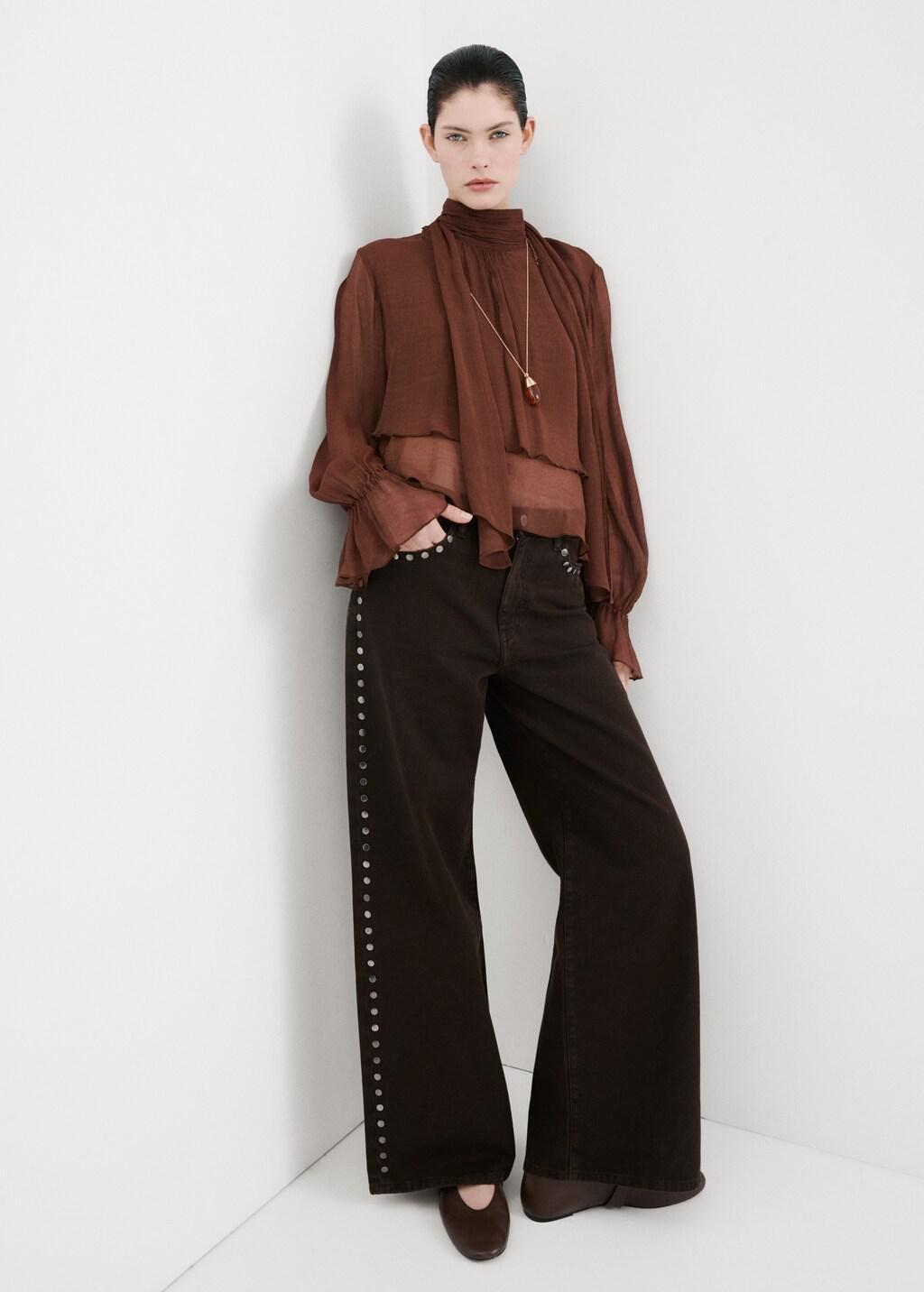 Brown Wide Leg Studded Jeans, Dark Brown, large image number 0