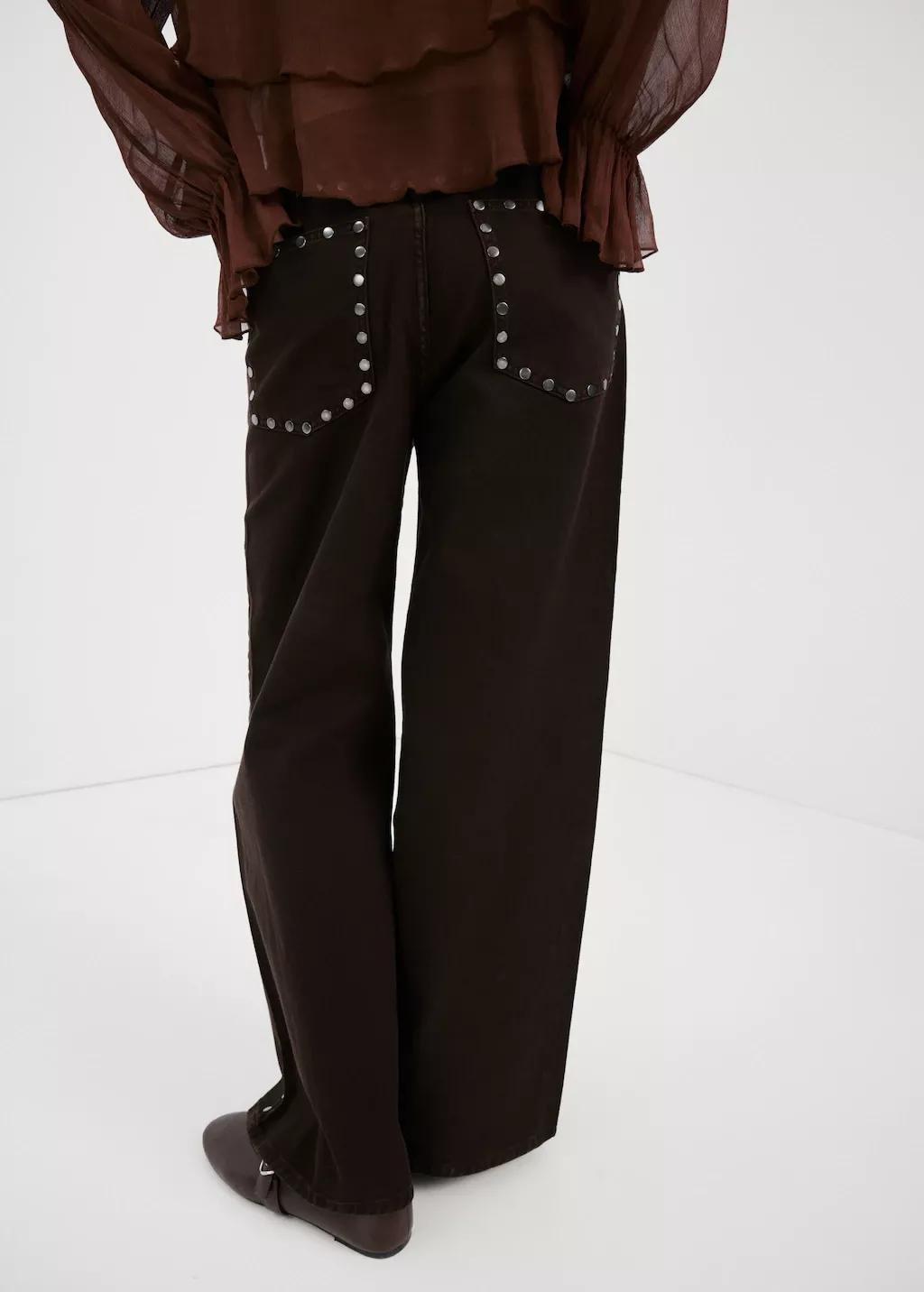 Brown Wide Leg Studded Jeans, Dark Brown, large image number 2