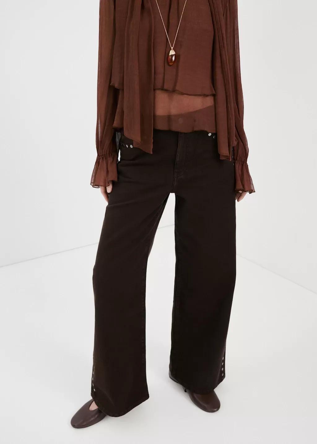 Brown Wide Leg Studded Jeans, Dark Brown, large image number 3