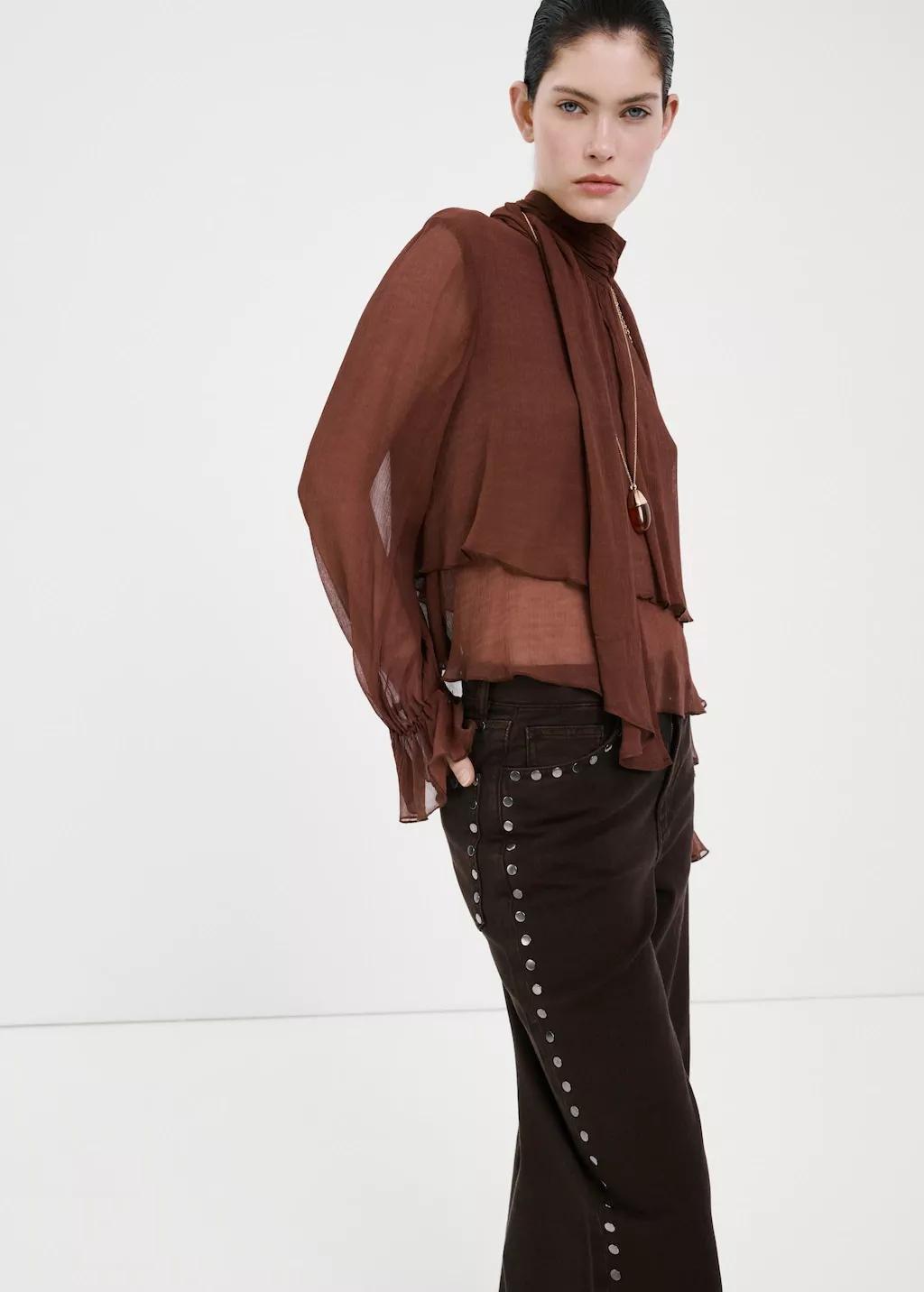 Brown Wide Leg Studded Jeans, Dark Brown, large image number 4