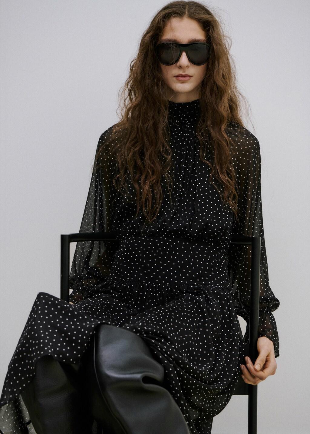 Black Polka Dot Dress With Puffed Sleeves, Black, large image number 3