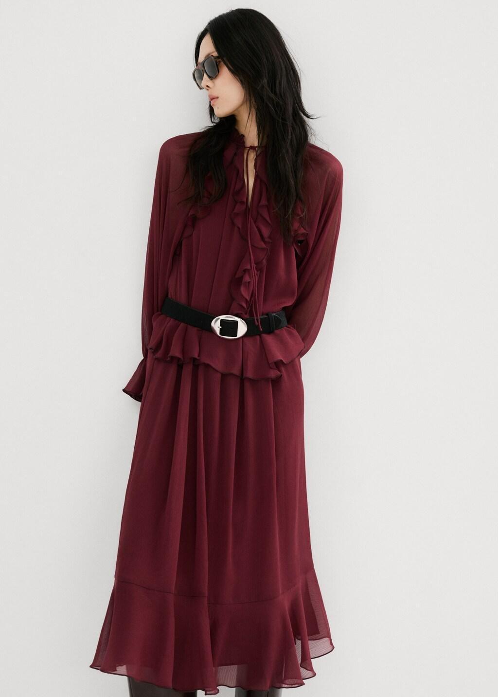 Burgundy Long Ruffled Dress, Dark Red, large image number 6
