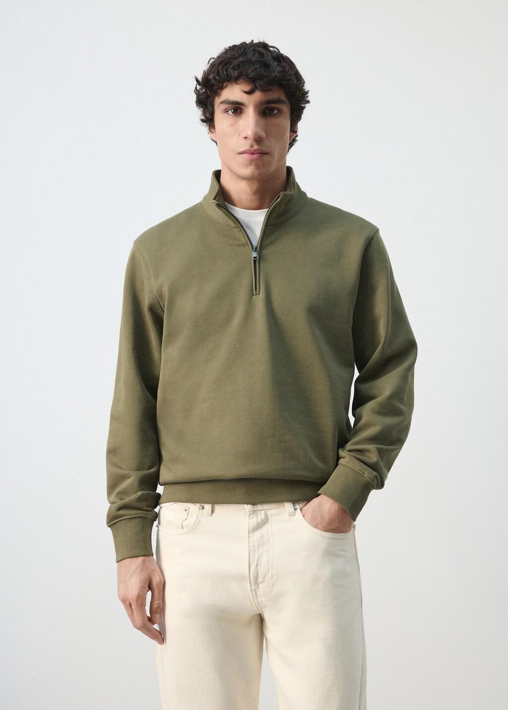Green 100% Cotton Zip-Neck Sweatshirt, Dark Green, large image number 3