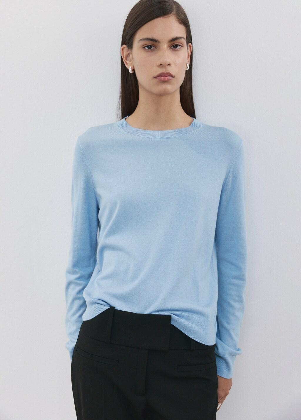 Blue Round-Neck Knitted Sweater, Light-Pastel Blue, large image number 3