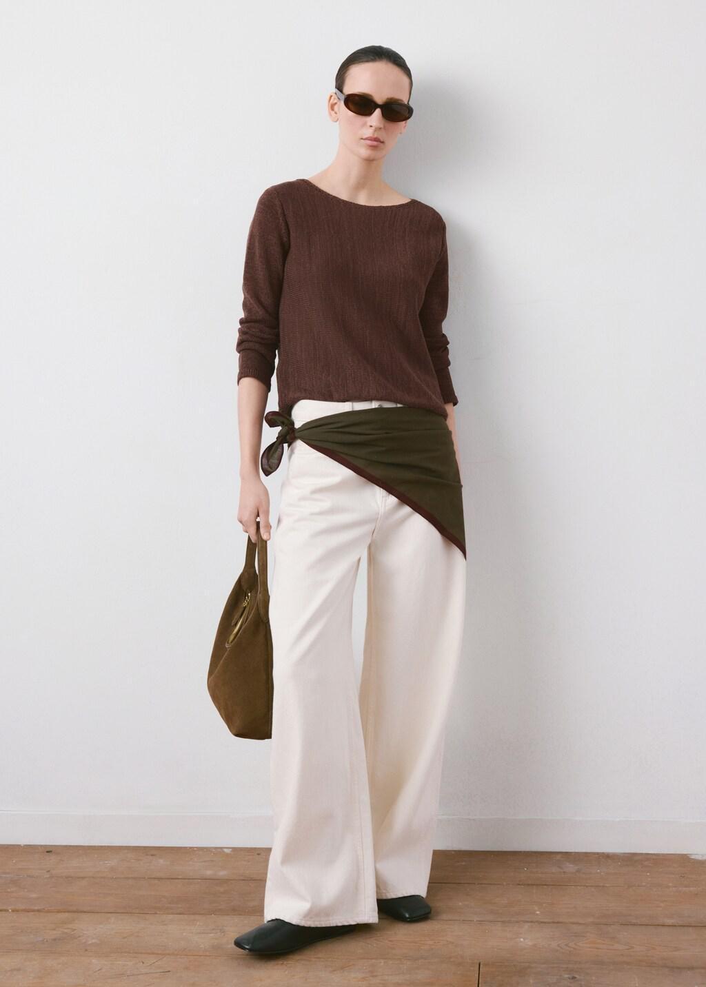 Brown Long-Sleeve Knitted Sweater, Dark Brown, medium