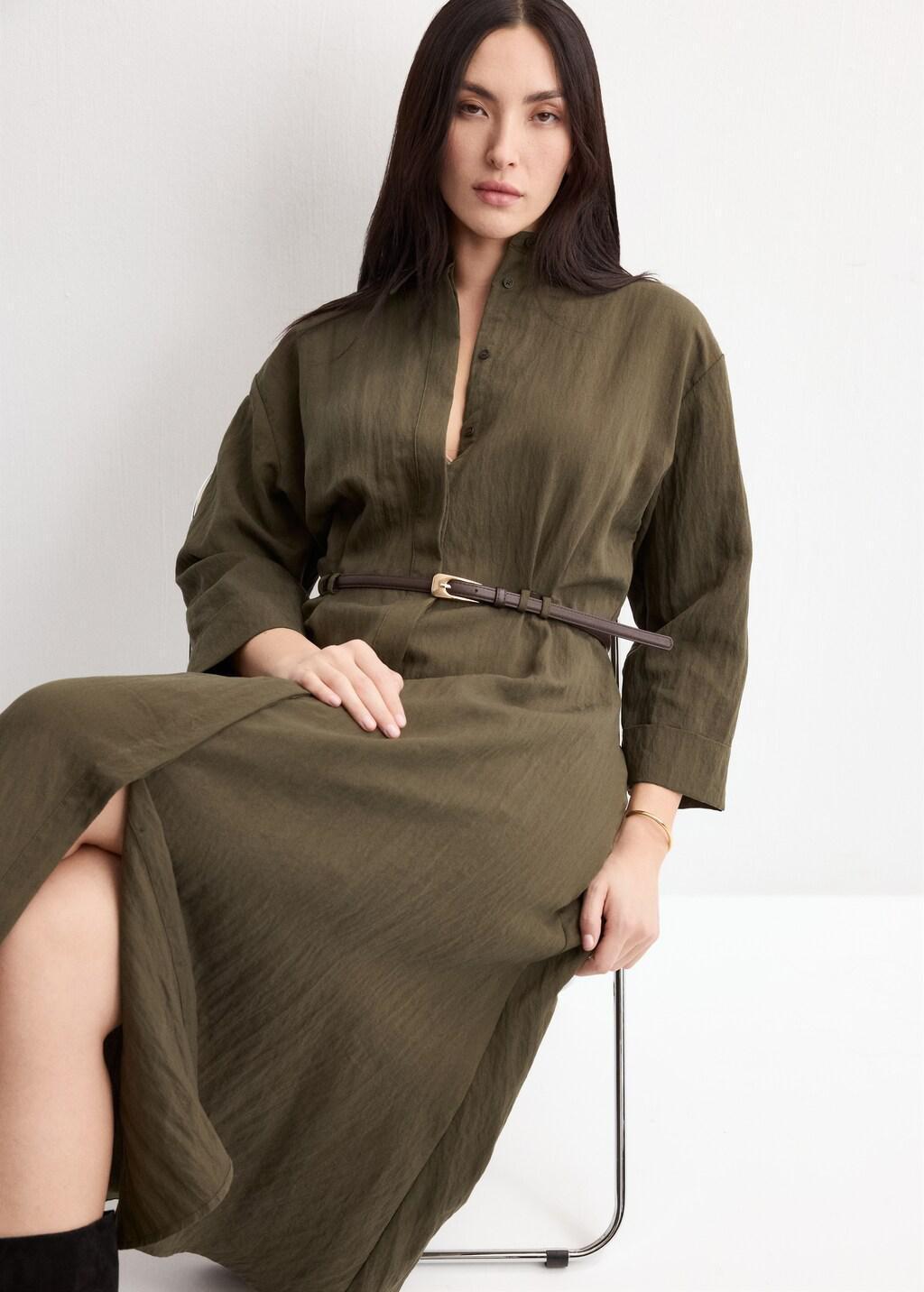 Khaki Lyocell Belted Shirt Dress, Beige - Khaki, large image number 6