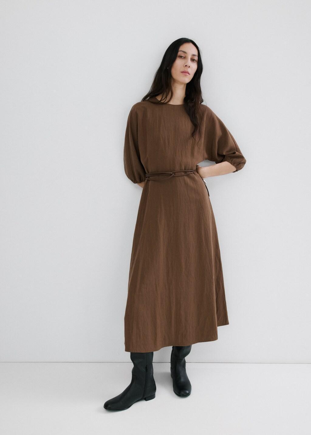 Brown Lyocell Dress With Belt, Brown, large image number 0