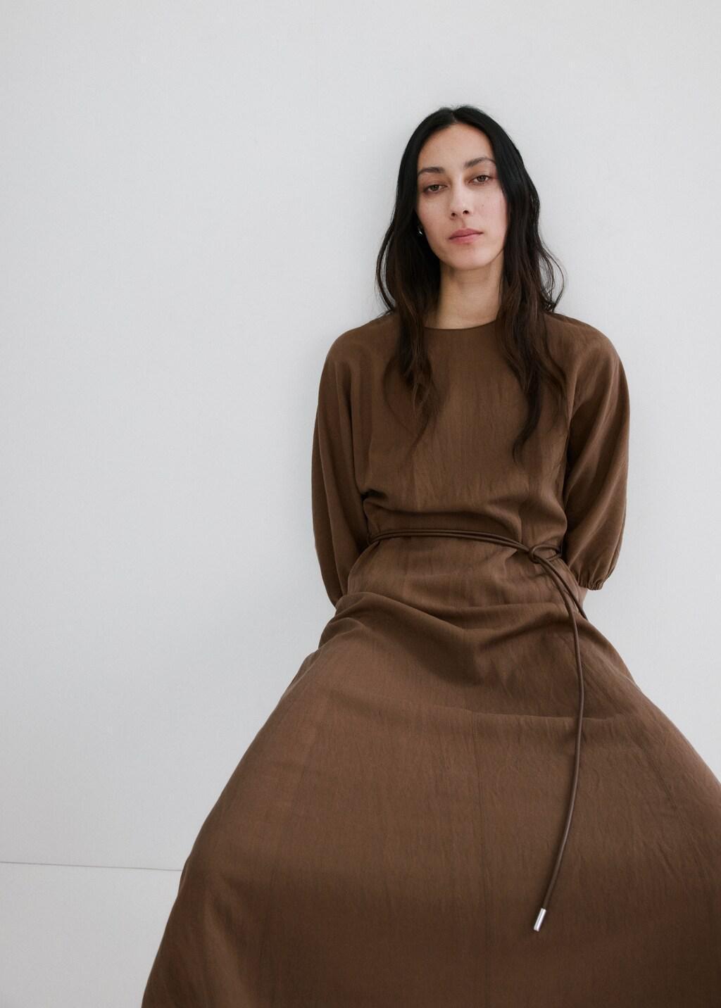 Brown Lyocell Dress With Belt, Brown, large image number 3