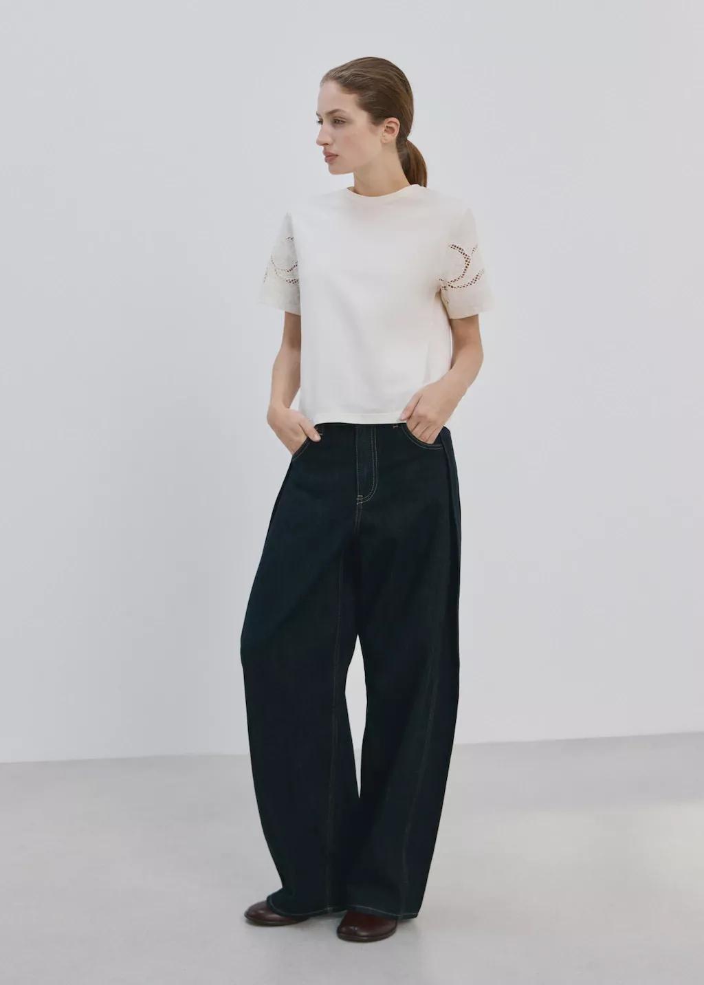 Beige Embroidered Cutwork Cotton T-Shirt, 0201_05, large image number 0