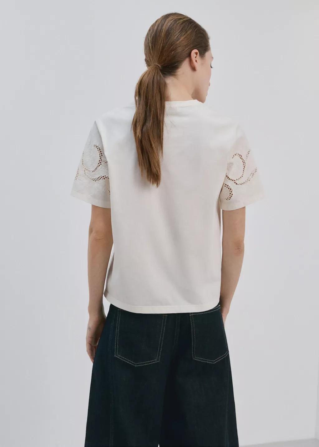Beige Embroidered Cutwork Cotton T-Shirt, Light Beige, large image number 2