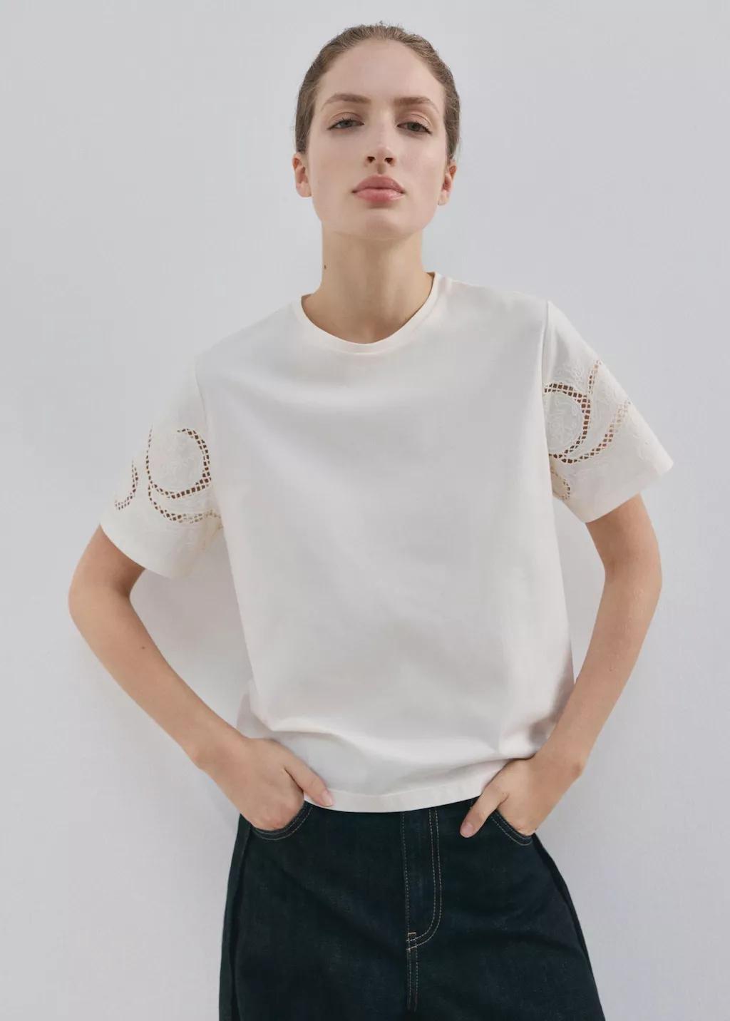 Beige Embroidered Cutwork Cotton T-Shirt, Light Beige, large image number 3