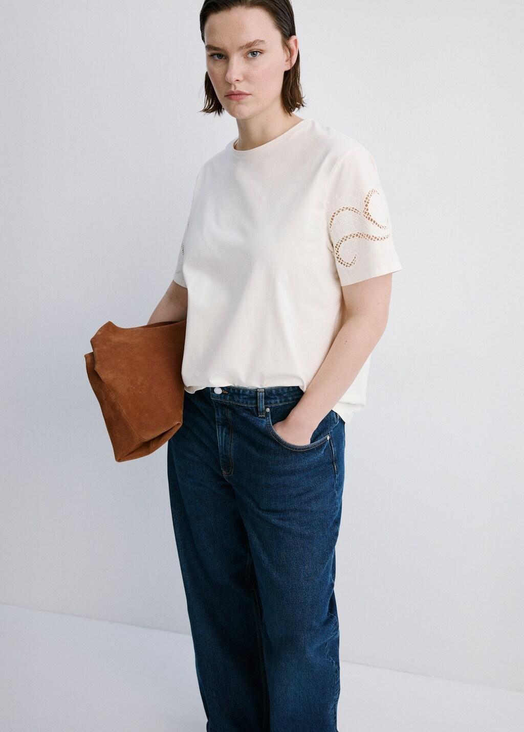 Beige Embroidered Cutwork Cotton T-Shirt, Light Beige, large image number 5