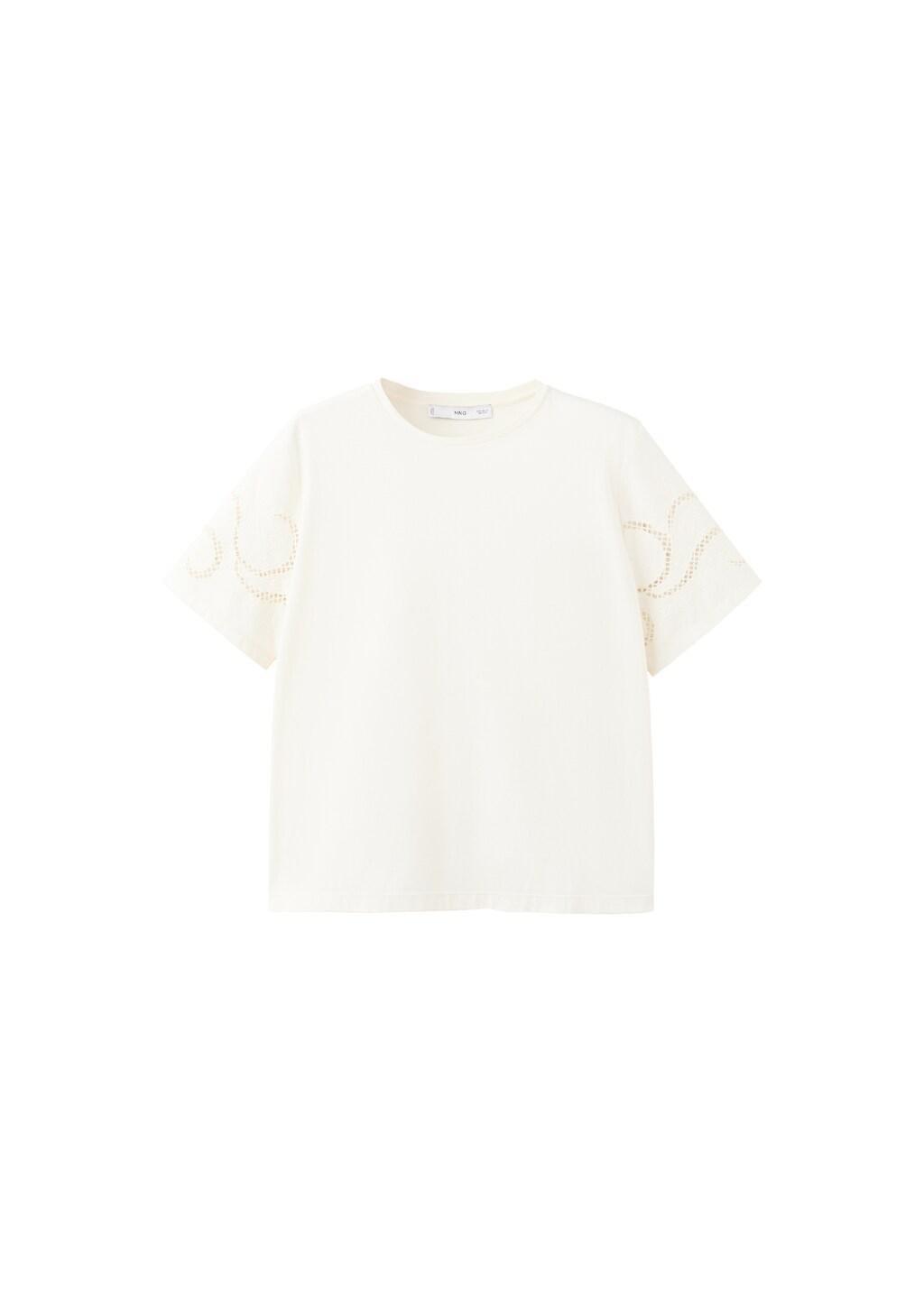 Beige Embroidered Cutwork Cotton T-Shirt, Light Beige, large image number 6