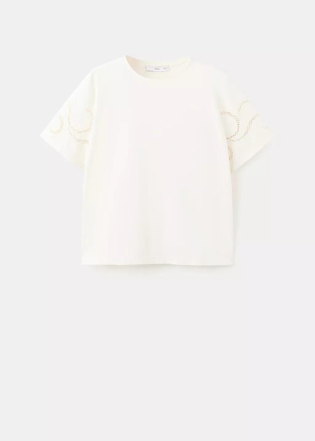 Beige Embroidered Cutwork Cotton T-Shirt, Light Beige, large image number 7