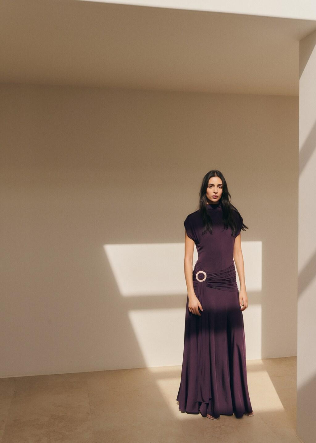 Purple Draped Waist Dress With Metallic Detail, Medium Purple, medium