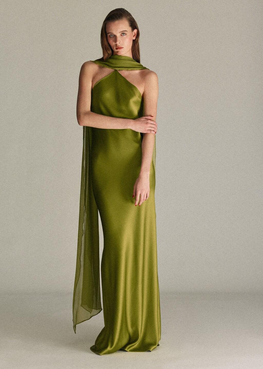 Green Satin Halter Neck Dress, Green, large image number 0