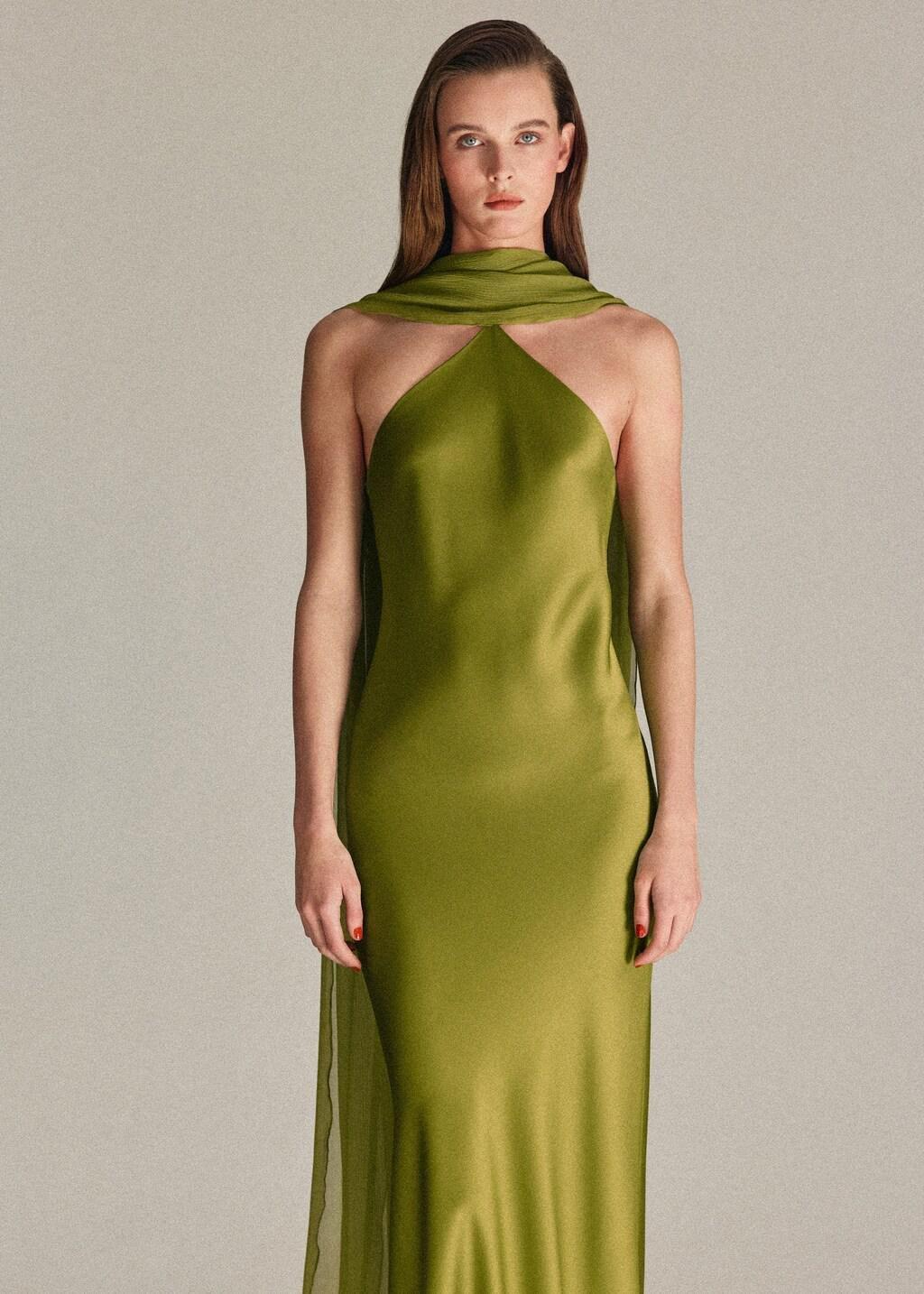 Green Satin Halter Neck Dress, Green, large image number 3