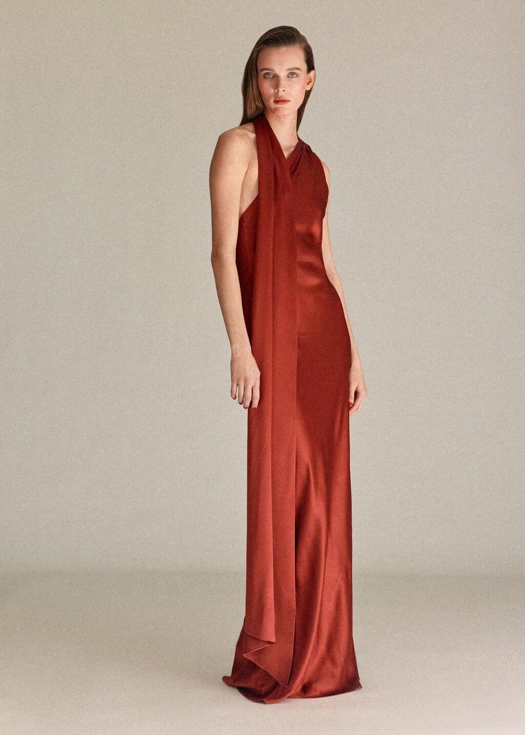 Orange Asymmetrical Bow-Neck Dress, Medium Orange, large image number 0