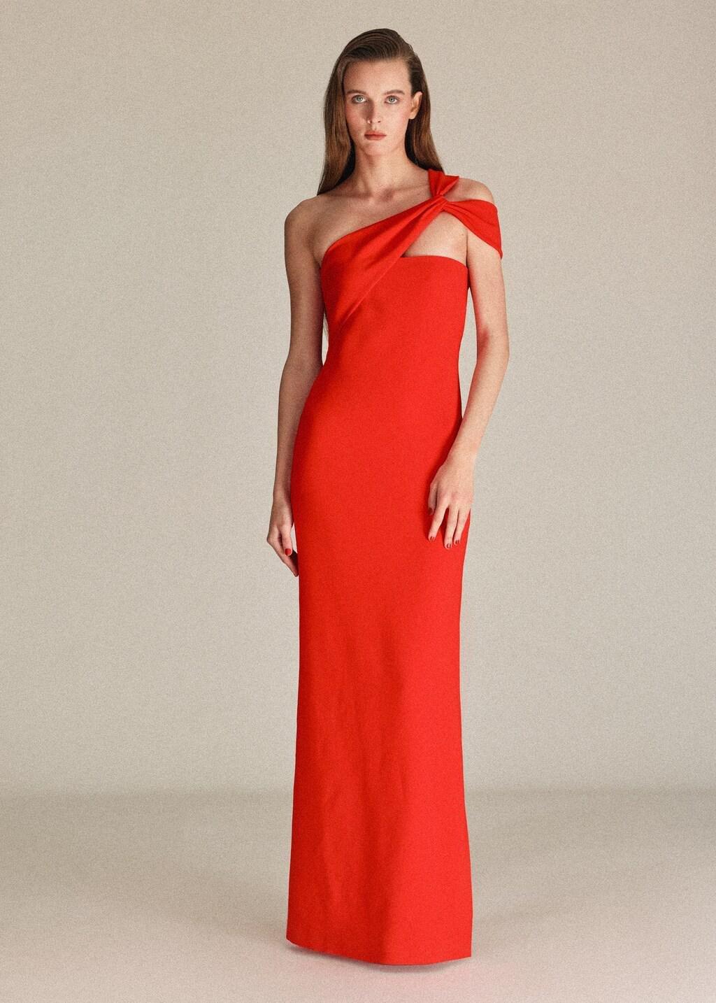 Red Long Dress With An Asymmetric Neckline, Red, medium