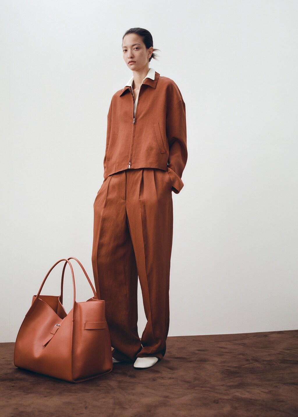 Brown Linen-Blend Pleated Trousers, Rust - Copper, large image number 0