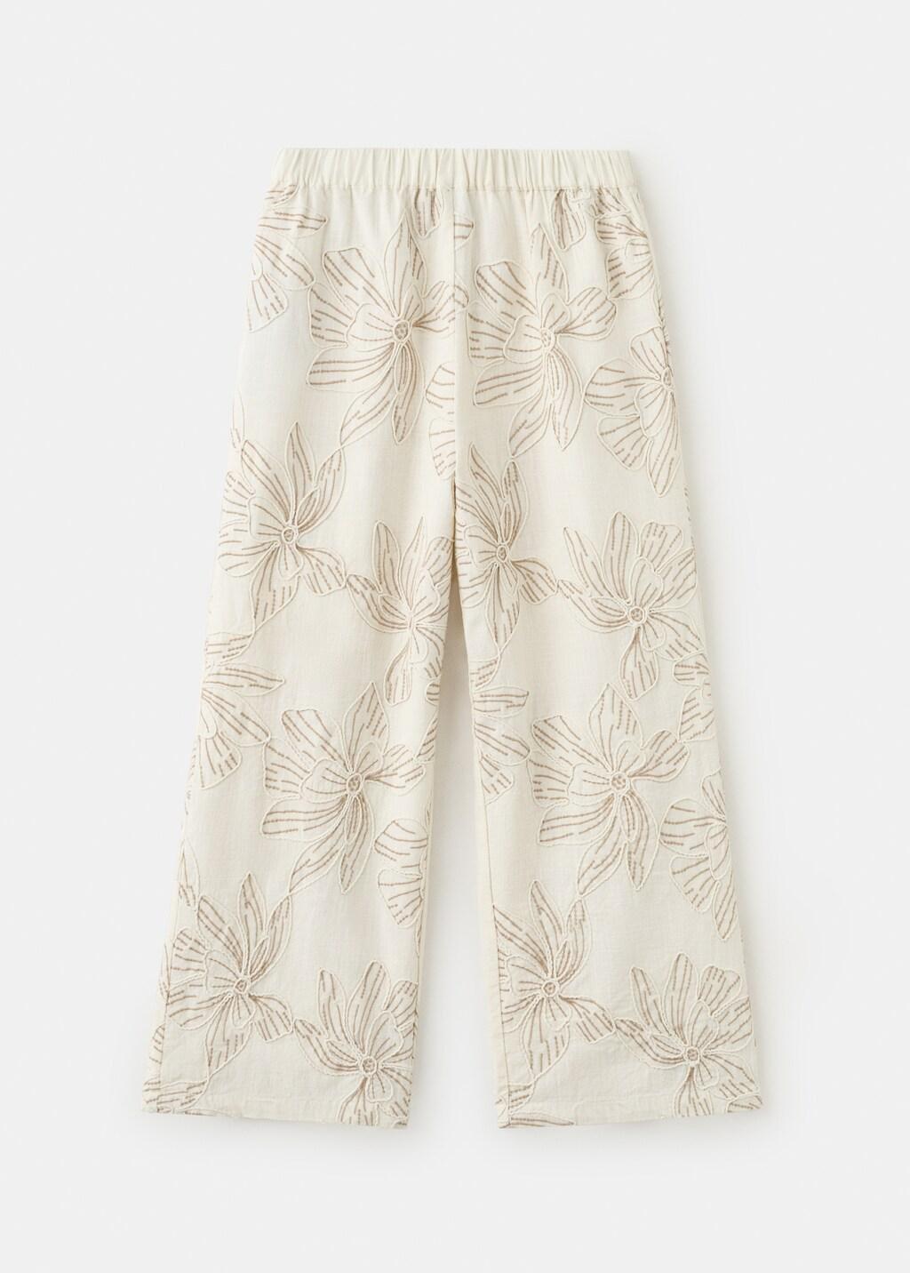 Beige Embroidered Floral Cotton Trousers, Kids Girl, Light Beige, large image number 1
