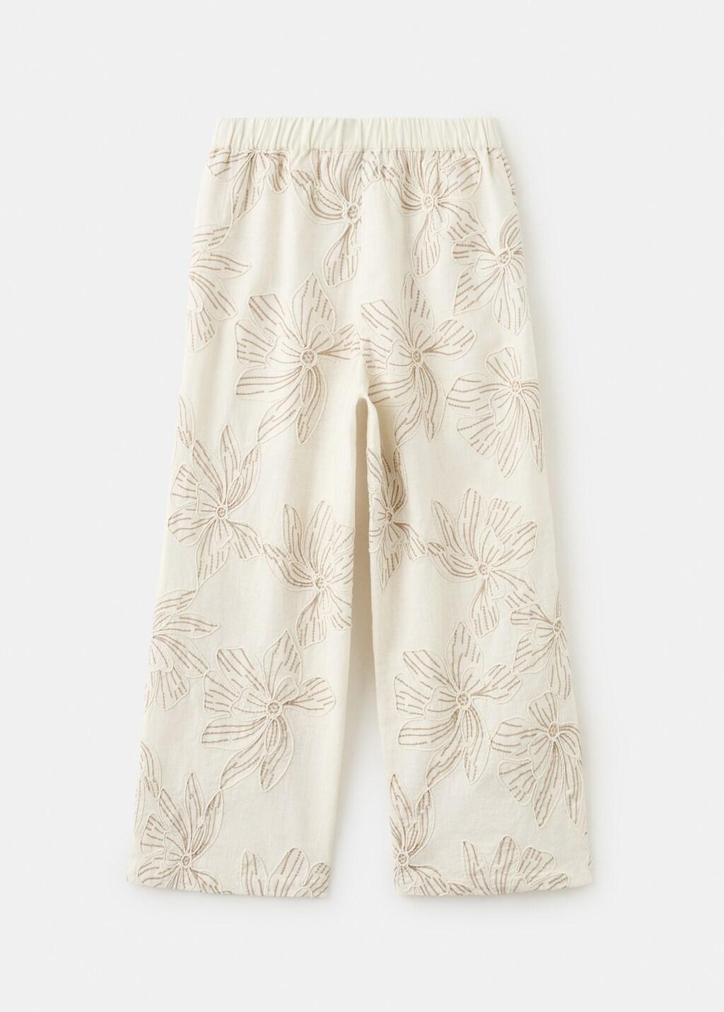 Beige Embroidered Floral Cotton Trousers, Kids Girl, Light Beige, large image number 2