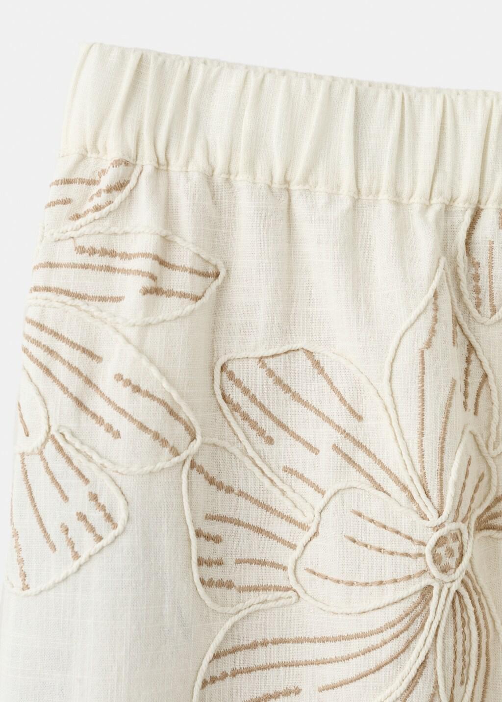 Beige Embroidered Floral Cotton Trousers, Kids Girl, Light Beige, large image number 4
