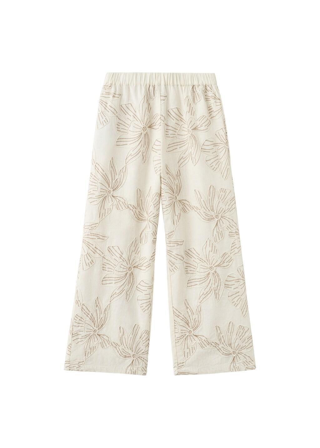 Beige Embroidered Floral Cotton Trousers, Kids Girl, Light Beige, large image number 5