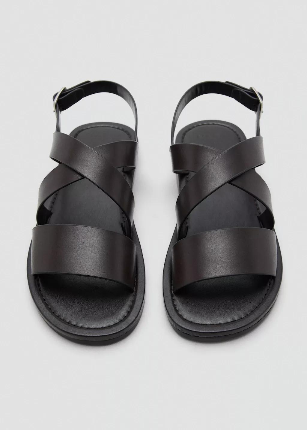 Brown Cross-Strap Leather Sandals, Brown, medium
