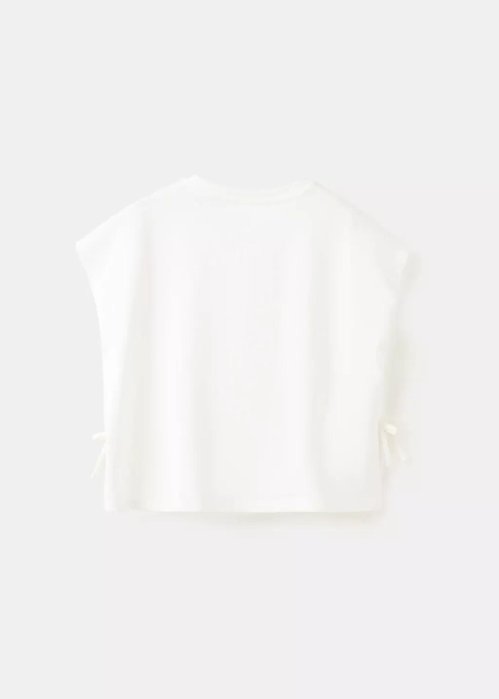 White Printed T-Shirt With Tie Details, Kids Girl, Natural White, large image number 1